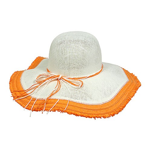 Straw Wide Brim Hats - Paper Straw w/ Fringe Trim - Orange - HT-ST299OG
